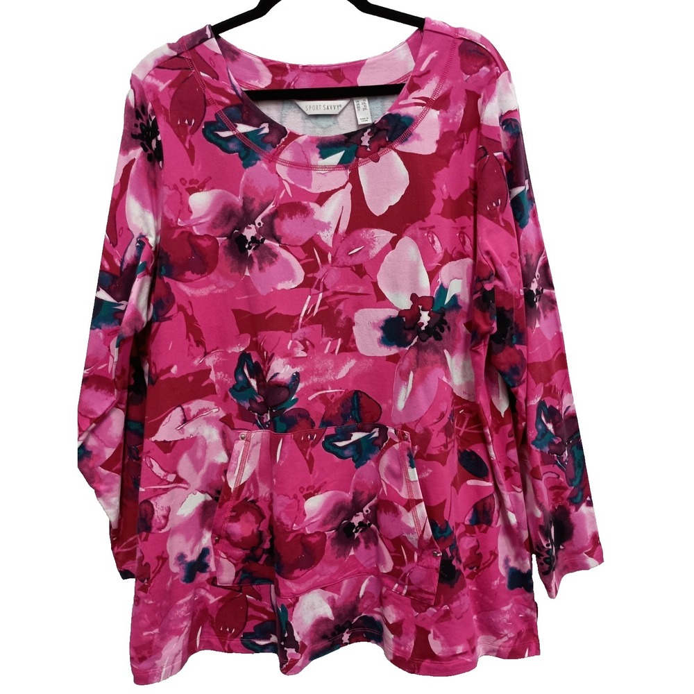Sports Savvy Womens Tunic Top Size 1X Pink Floral Cottagecore Athleisure Casual